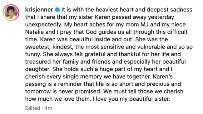 La publicación de Kris Jenner sobre su hermana.