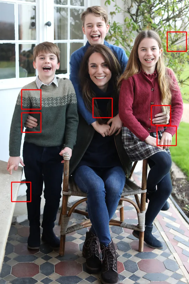 Cuadrados rojos que señalan las ediciones en una foto de Kate Middleton rodeada de sus tres hijos.