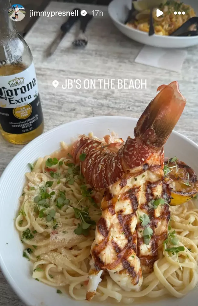 Publicación de la historia de Instagram de Jimmy Presnell de un plato de comida.