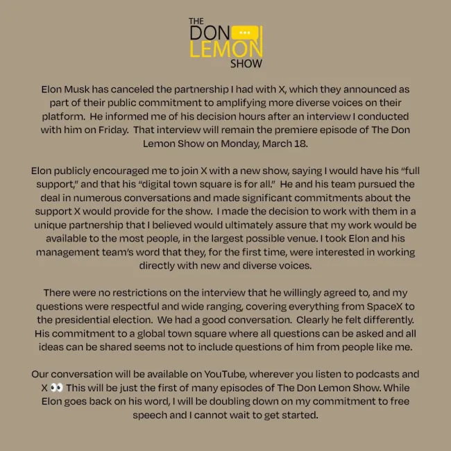 La declaración de Don Lemon sobre su programa en X.
