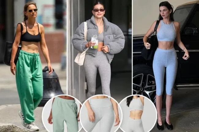 Katie Holmes, Hailey Bieber y Kendall Jenner vistiendo Alo Yoga con inserciones de sus productos
