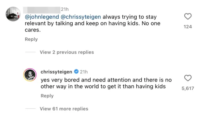 Captura de pantalla del comentario de Instagram de Chrissy Teigen