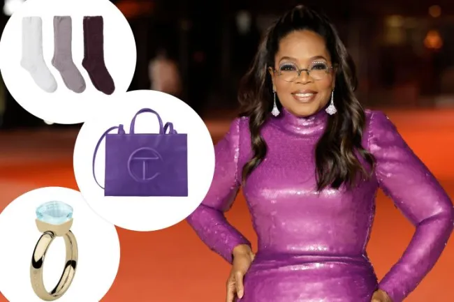 Oprah con inserciones de un bolso Telfar, calcetines y un anillo.