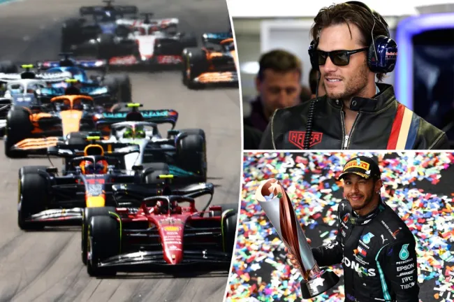 Un collage de fotografías de carreras con Lewis Hamilton y autos.