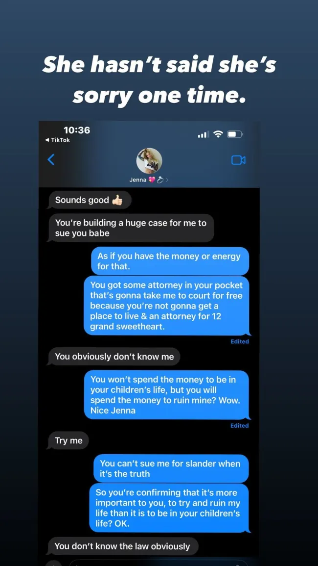 captura de pantalla de supuestos mensajes de texto entre jenna jameson y jessi lawless