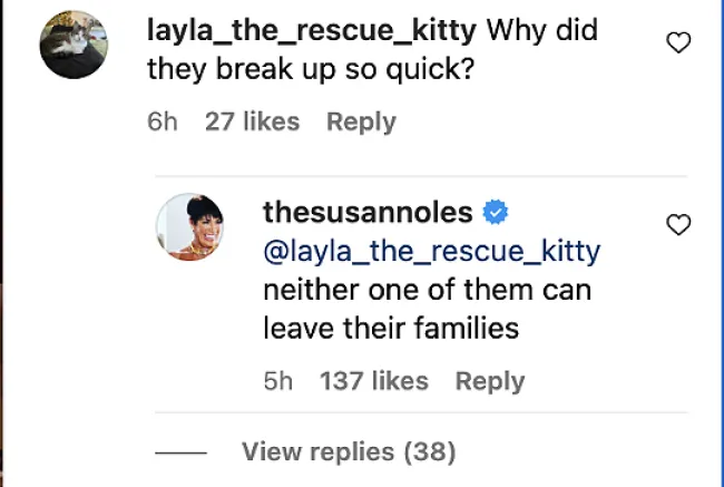 captura de pantalla del comentario de Instagram de Susan Noles