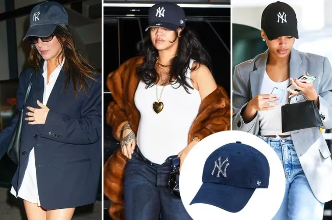 Kendall Jenner, Rihanna y Lori Harvey con gorras de los Yankees con inserciones de una versión brillante del sombrero.