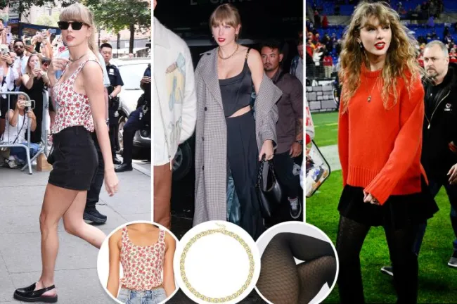 Tres fotos de Taylor Swift con inserciones de una camiseta sin mangas, un collar y medias
