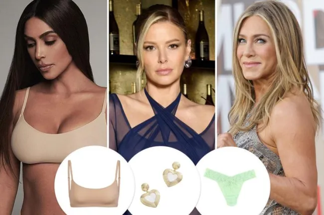 Una imagen dividida de Kim Kardashian, Ariana Madix y Jennifer Aniston con inserciones de sujetador, aretes y ropa interior.