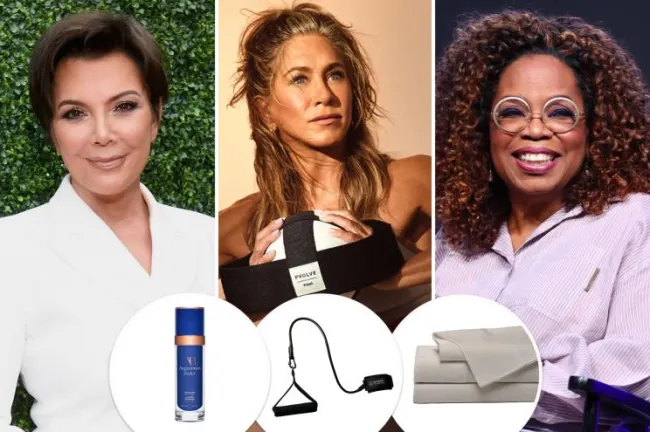 Kris Jenner, Jennifer Aniston y Oprah con inserciones de productos para el cuidado de la piel, equipos de entrenamiento y sábanas.